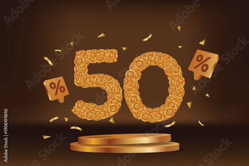 Geometric gold podium with fifty percent discount number coins shape, for product display background