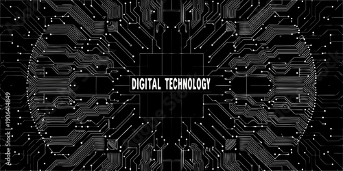 Abstract digital circuit board pattern with text overlay digital technology