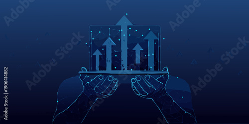 Hands holding a digital screen displaying upward trending growth arrows
