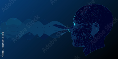 Digital human head emitting data stream representing artificial intelligence communication