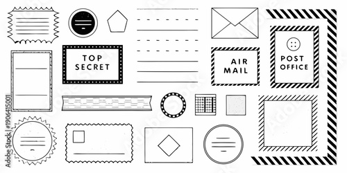 Collection of various black and white postal and secrecy themed icons
