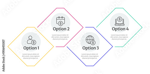 Payment planning color rhombus infographic 4 steps. Global financial system. International bank account. Money transfer. Editable thin line icons diagram process. Merriweather Sans font used