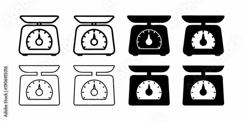Four variations of vintage kitchen scales in black and white