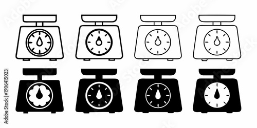 Four vintage bathroom scales in black and white arranged in a grid