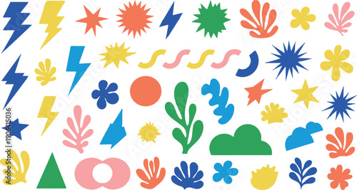 Comprehensive digital sticker sheet featuring a diverse collection of Y2K-inspired graphic design elements and abstract shapes. Perfect for planners, scrapbooking, social media posts, journaling