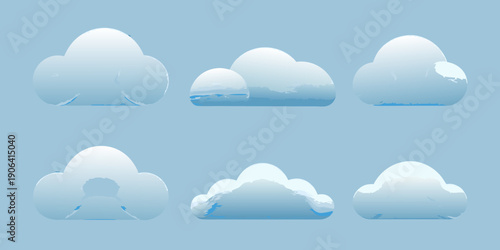 Stylized clouds in various shapes and forms against a blue backdrop