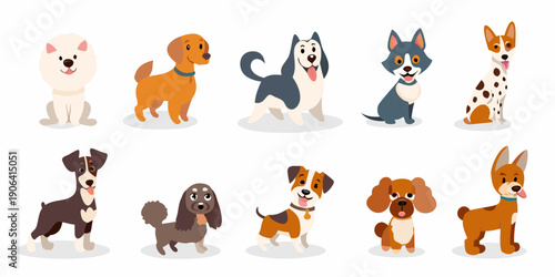 Cartoon illustration of various dog breeds in a colorful arrangement