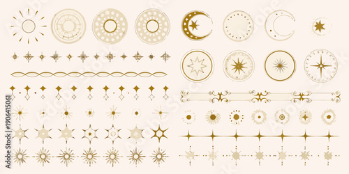 Collection of golden celestial and ornamental graphic elements