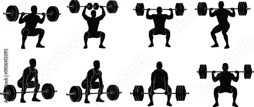 Vector Illustration Set of Weightlifter Silhouettes Doing Deadlift and Squat Exercises for Fitness Workout Gym Training Bodybuilding Strength and Professional Graphic Design Projects