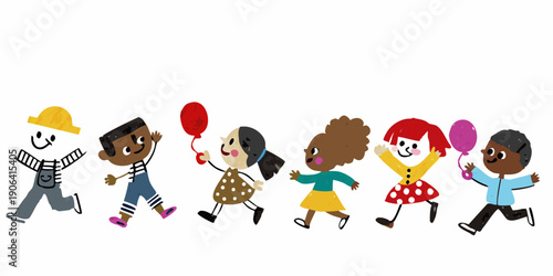 A line of diverse children holding balloons and cheerfully walking forward