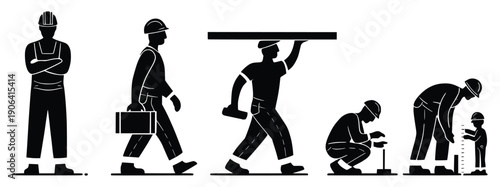 Construction Team: A silhouette collection of construction workers engaged in various tasks, highlighting the diversity and collaborative nature of a construction site.
