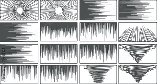 Dynamic manga and comic book speed line effect backgrounds used to show motion, action, and dramatic impact. Perfect for anime-style illustrations, comic panels, posters, action scenes, thumbnails, ga