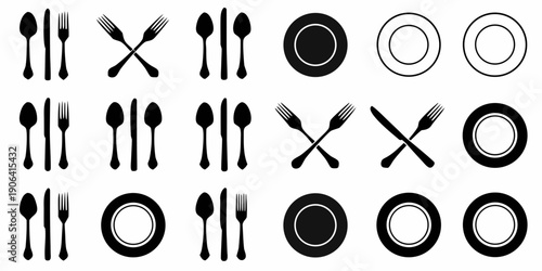 Black and white illustration of cutlery and dinnerware arranged in rows