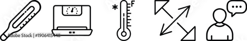 Health and Measurement Outline Icons Set: Medical Thermometer, Weighing Scale, Frozen Temperature, Resize, and Communication Bubble Vector transparent background