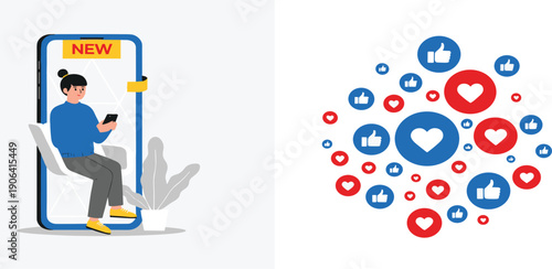 Social Media Engagement Illustration with Mobile App User Like and Heart Reaction Icons for Online Community Interaction and Digital Marketing Vector Design