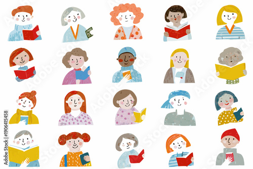 Diverse group of illustrated people reading books colorful and whimsical style