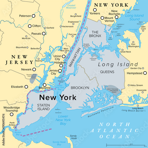 New York City, NYC, political map. Most populous city in the United States, at southern tip of New York State, compromising boroughs Manhattan, Brooklyn, Queens, The Bronx, and Staten Island. Vector