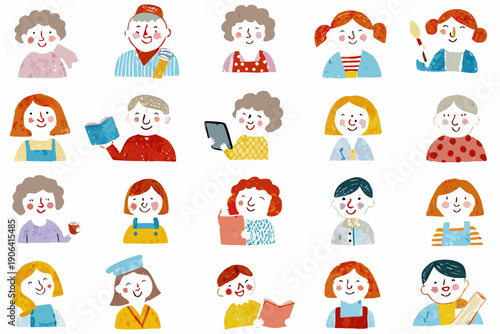 Diverse group of illustrated people with varying hairstyles and professions