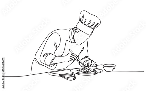 Culinary arts theme featuring a professional chef meticulously plating a gourmet dish in continuous line drawing style.