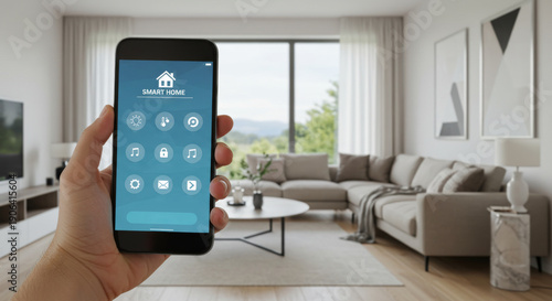Man holding smartphone with smart home application interface. Remote control of house automation system. Modern digital living room interior for technology concept.