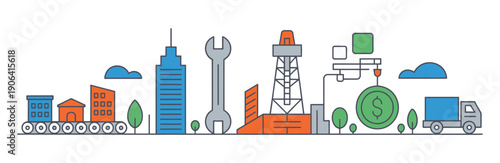 Modern infrastructure icon set with roads, trains, and power plants, vector illustrations perfect for business infographics