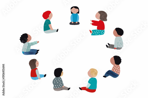 Diverse group of children sitting in a circle interacting playfully