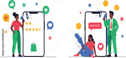 Social Media Promotion Illustration with New Post Announcement User Reviews Rating Stars Likes and Influencer Marketing Engagement Concept for Digital Campaign Design