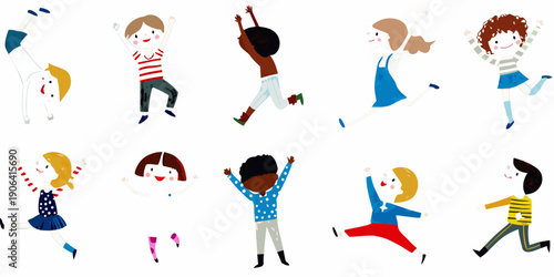 Diverse group of illustrated children joyfully jumping and waving their arms