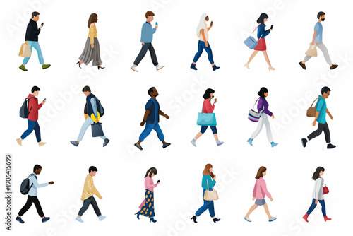 Diverse group of people walking in various casual outfits and poses