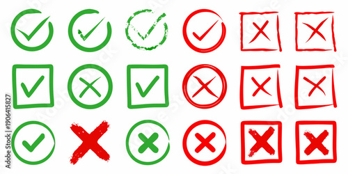 Collection of hand drawn checkmarks and crosses in red and green