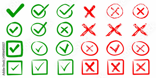 Collection of hand drawn check and cross marks in green and red