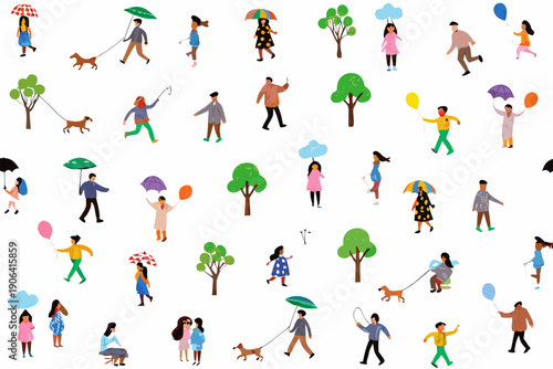 Colorful illustration depicting diverse people and pets enjoying an outdoor scene