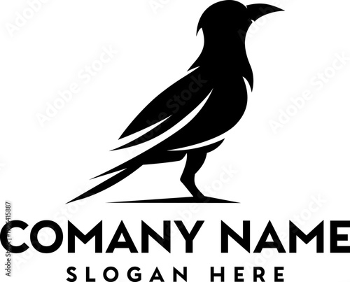 A striking black raven silhouette perches presented above company branding with a slogan