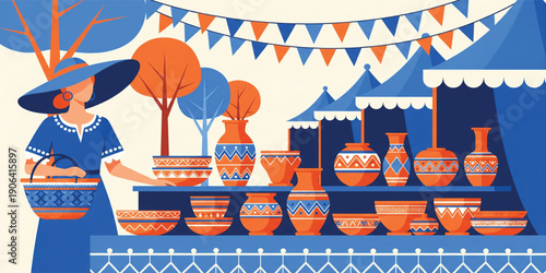 Traditional Pottery Market Illustration with Handmade Ceramic Vases, Artisan Craft Stall, Folk Festival Atmosphere, and Cultural Outdoor Fair Scene Design