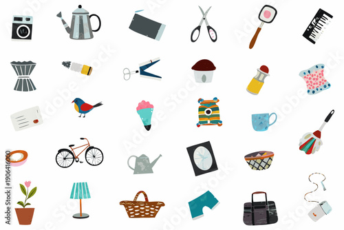 Colorful collection of illustrated objects and everyday items arranged on white