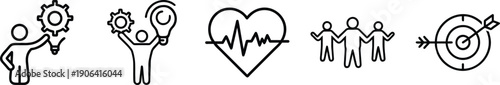 Innovation, Health, and Teamwork Outline Icons: Process Idea, Heartbeat, Group Unity, and Target Achievement Vector Set transparent background