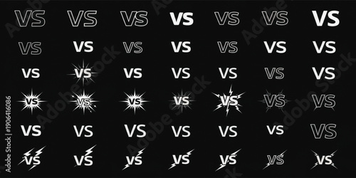 VS Typography Icons Set on Black Background, Versus Battle Labels, Competition Matchup Symbols, Fighting Game and Sports Comparison Design Collection