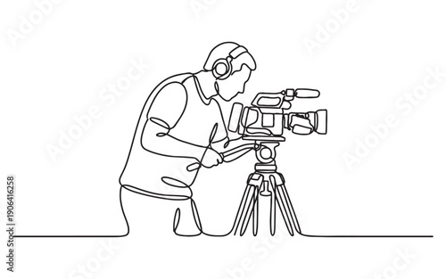 Media production theme showing a cameraman filming with a professional video camera on a tripod in continuous line drawing style.