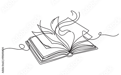 Literature theme featuring an open book with pages fluttering as if blown by wind in continuous line drawing style.