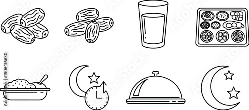 Ramadan Iftar Icons: Dates, Drink, Food Tray, Clock, Moon - Muslim Meal Set