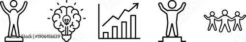 Business Achievement and Innovation Outline Icons: Podium Success, Bright Idea Brain, Upward Chart, Celebrating Winner, and Unified Team Vector transparent background