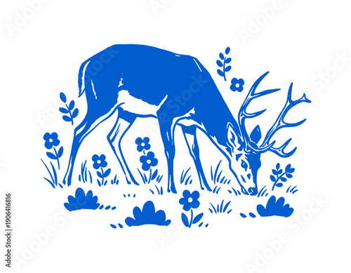 Blue deer illustration, vintage folk art style, stag grazing in field, retro wildlife silhouette, woodcut print design, nature pattern element, graphic forest animal