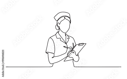 Medical nursing theme showing a female nurse in uniform writing on a clipboard in continuous line drawing style.