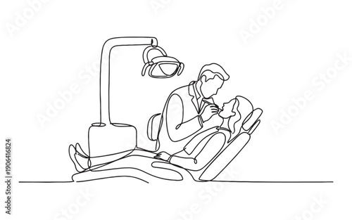 Dental care theme depicting a dentist treating a patient in a dental chair with equipment in continuous line drawing style.