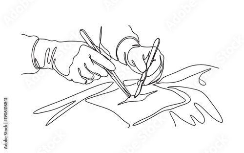 Surgical operation theme featuring hands in gloves using a scalpel and tweezers in continuous line drawing style.