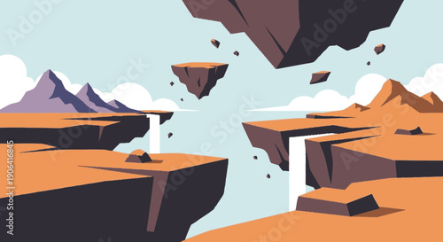 Floating Rocks in Cartoon Landscape Scene.