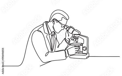 Scientific research theme showing a male scientist looking through a microscope with flasks in continuous line drawing style.