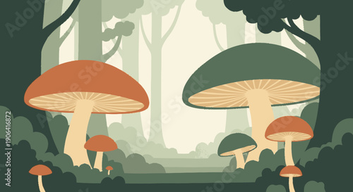 Cluster of Mushrooms in Forest Illustration.