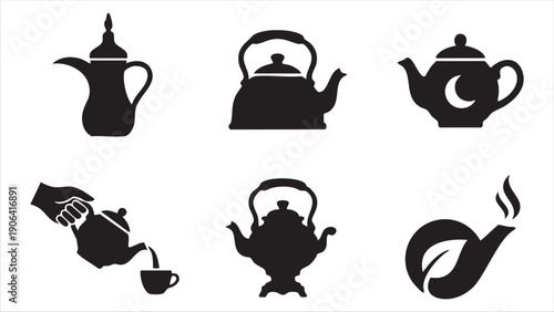 Ramadan Cooking Pot and Kitchenware Icon Set Featuring Tajine Pressure Cooker Soup Cauldron and Ladle Silhouettes for Iftar Meal Preparation.