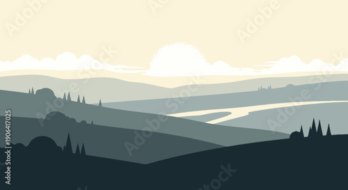 Silhouetted Hills and Trees Landscape Scene.